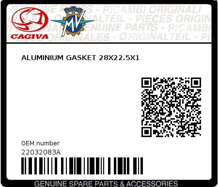 Product image: Cagiva - 22032083A - ALUMINIUM GASKET 28X22.5X1  0