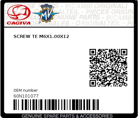 Product image: Cagiva - 60N101077 - SCREW TE M6X1.00X12  0