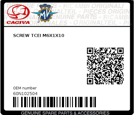 Product image: Cagiva - 60N102504 - SCREW TCEI M6X1X10  0