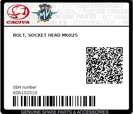 Product image: Cagiva - 60N102510 - BOLT, SOCKET HEAD M6X25  0
