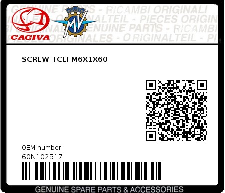 Product image: Cagiva - 60N102517 - SCREW TCEI M6X1X60  0
