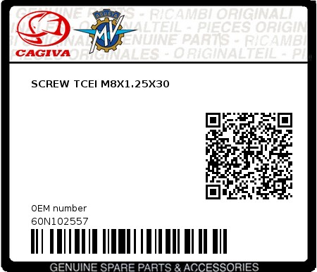 Product image: Cagiva - 60N102557 - SCREW TCEI M8X1.25X30  0