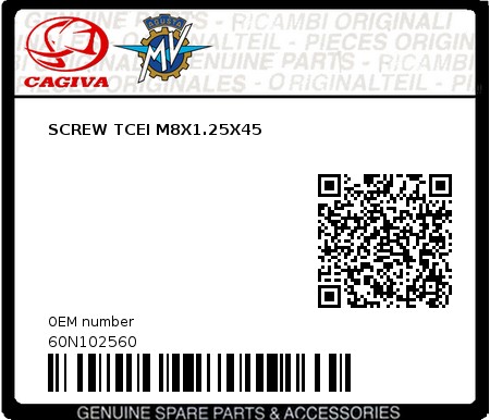Product image: Cagiva - 60N102560 - SCREW TCEI M8X1.25X45  0