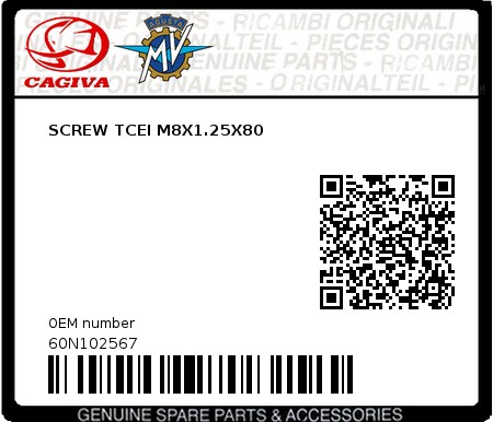 Product image: Cagiva - 60N102567 - SCREW TCEI M8X1.25X80  0