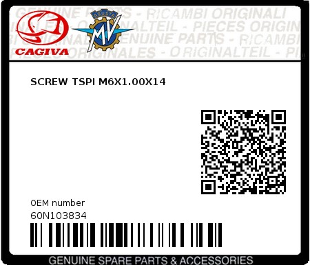 Product image: Cagiva - 60N103834 - SCREW TSPI M6X1.00X14  0