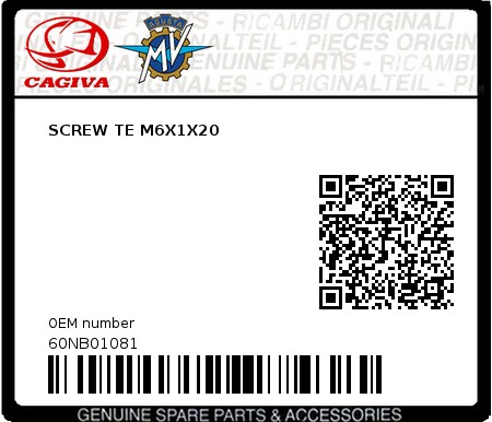 Product image: Cagiva - 60NB01081 - SCREW TE M6X1X20  0