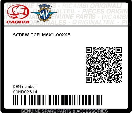 Product image: Cagiva - 60NB02514 - SCREW TCEI M6X1.00X45  0
