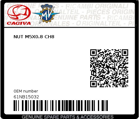 Product image: Cagiva - 61NB15032 - NUT M5X0.8 CH8  0