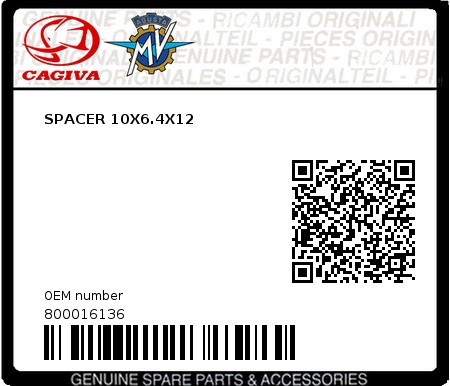 Product image: Cagiva - 800016136 - SPACER 10X6.4X12  0