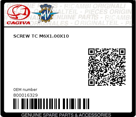 Product image: Cagiva - 800016329 - SCREW TC M6X1.00X10  0