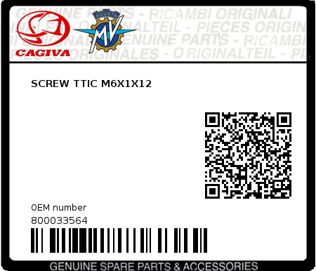 Product image: Cagiva - 800033564 - SCREW TTIC M6X1X12  0