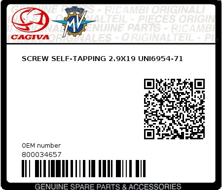 Product image: Cagiva - 800034657 - SCREW SELF-TAPPING 2.9X19 UNI6954-71  0