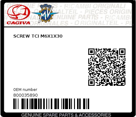 Product image: Cagiva - 800035890 - SCREW TCI M6X1X30  0