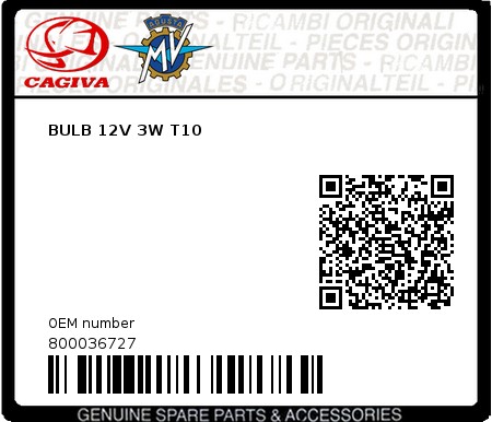 Product image: Cagiva - 800036727 - BULB 12V 3W T10  0