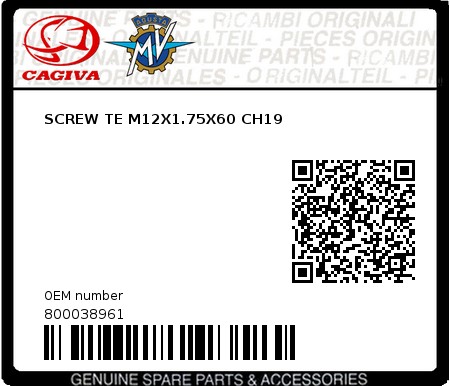 Product image: Cagiva - 800038961 - SCREW TE M12X1.75X60 CH19  0