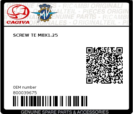 Product image: Cagiva - 800039675 - SCREW TE M8X1.25  0