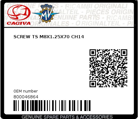 Product image: Cagiva - 800046864 - SCREW TS M8X1.25X70 CH14  0