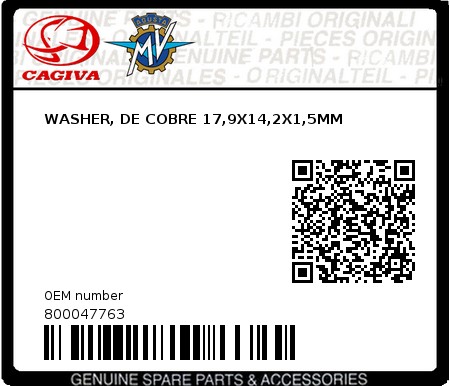 Product image: Cagiva - 800047763 - WASHER, DE COBRE 17,9X14,2X1,5MM  0