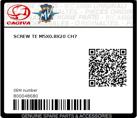 Product image: Cagiva - 800048680 - SCREW TE M5X0.8X20 CH7  0
