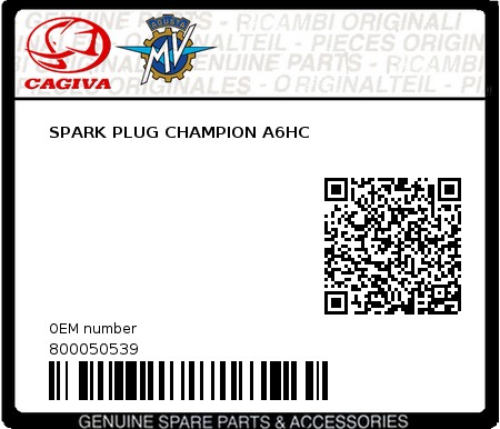 Product image: Cagiva - 800050539 - SPARK PLUG CHAMPION A6HC  0