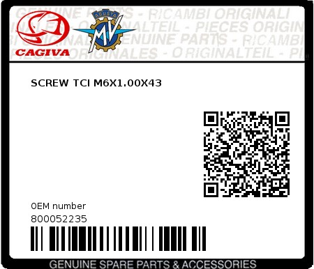 Product image: Cagiva - 800052235 - SCREW TCI M6X1.00X43  0