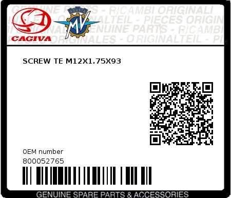 Product image: Cagiva - 800052765 - SCREW TE M12X1.75X93  0