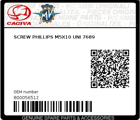 Product image: Cagiva - 800056512 - SCREW PHILLIPS M5X10 UNI 7689  0