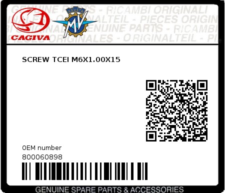 Product image: Cagiva - 800060898 - SCREW TCEI M6X1.00X15  0