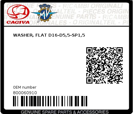 Product image: Cagiva - 800060910 - WASHER, FLAT D16-D5,5-SP1,5  0