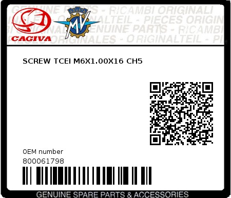 Product image: Cagiva - 800061798 - SCREW TCEI M6X1.00X16 CH5  0