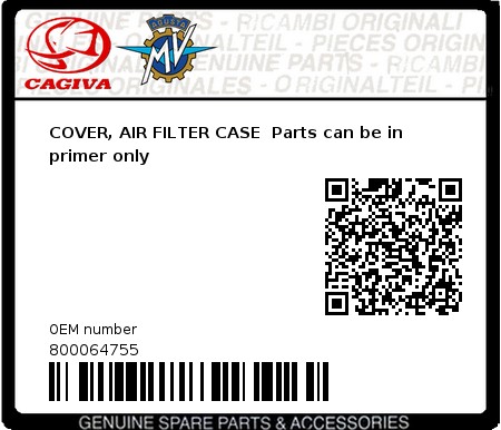Product image: Cagiva - 800064755 - COVER, AIR FILTER CASE  Parts can be in primer only  0