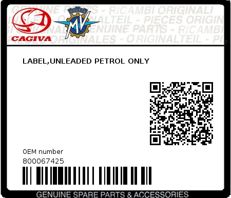 Product image: Cagiva - 800067425 - LABEL,UNLEADED PETROL ONLY  0