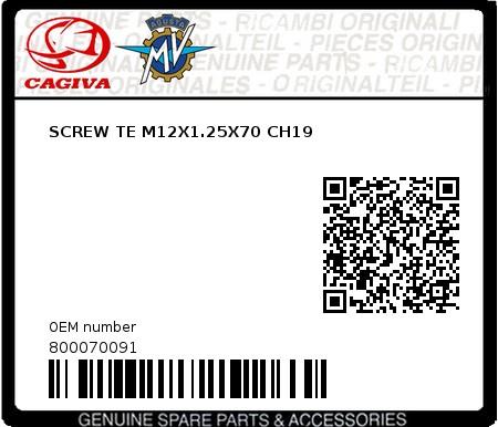 Product image: Cagiva - 800070091 - SCREW TE M12X1.25X70 CH19  0