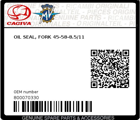 Product image: Cagiva - 800070330 - OIL SEAL, FORK 45-58-8.5/11  0
