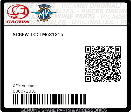 Product image: Cagiva - 800072339 - SCREW TCCI M6X1X15  0