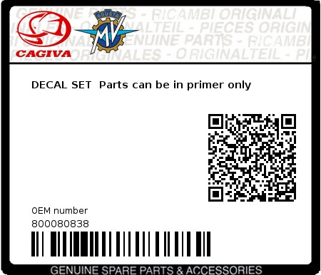 Product image: Cagiva - 800080838 - DECAL SET  Parts can be in primer only  0