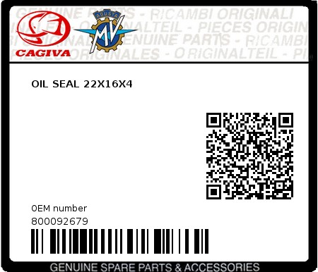 Product image: Cagiva - 800092679 - OIL SEAL 22X16X4  0