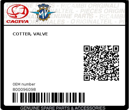 Product image: Cagiva - 800096098 - COTTER, VALVE  0