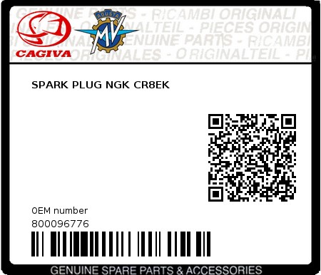 Product image: Cagiva - 800096776 - SPARK PLUG NGK CR8EK  0