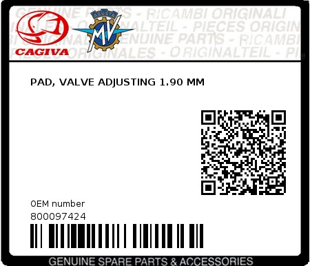 Product image: Cagiva - 800097424 - PAD, VALVE ADJUSTING 1.90 MM  0