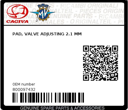 Product image: Cagiva - 800097432 - PAD, VALVE ADJUSTING 2.1 MM  0
