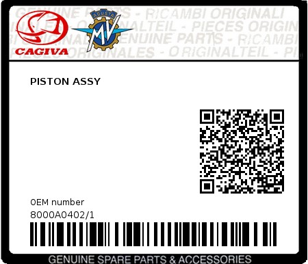 Product image: Cagiva - 8000A0402/1 - PISTON ASSY  0
