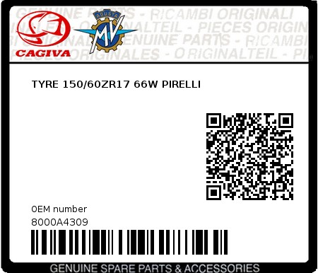 Product image: Cagiva - 8000A4309 - TYRE 150/60ZR17 66W PIRELLI  0
