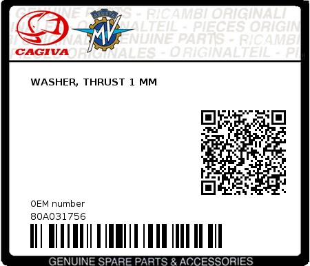 Product image: Cagiva - 80A031756 - WASHER, THRUST 1 MM  0