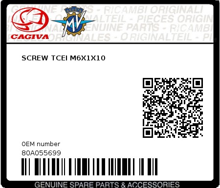 Product image: Cagiva - 80A055699 - SCREW TCEI M6X1X10  0