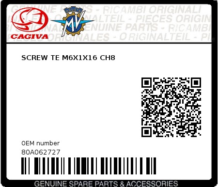 Product image: Cagiva - 80A062727 - SCREW TE M6X1X16 CH8  0