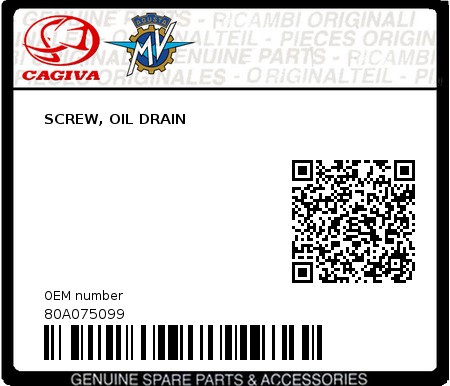 Product image: Cagiva - 80A075099 - SCREW, OIL DRAIN  0