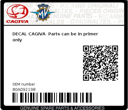 Product image: Cagiva - 80A092198 - DECAL CAGIVA  Parts can be in primer only  0