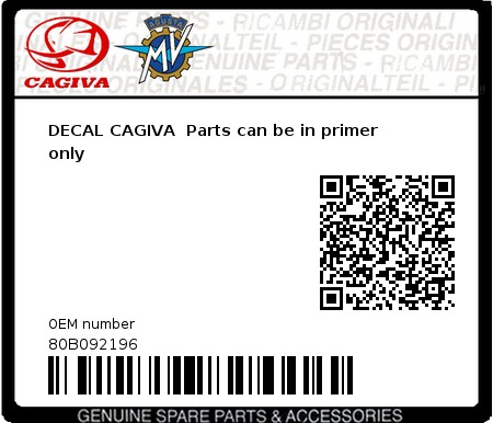 Product image: Cagiva - 80B092196 - DECAL CAGIVA  Parts can be in primer only  0