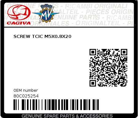 Product image: Cagiva - 80C025254 - SCREW TCIC M5X0.8X20  0